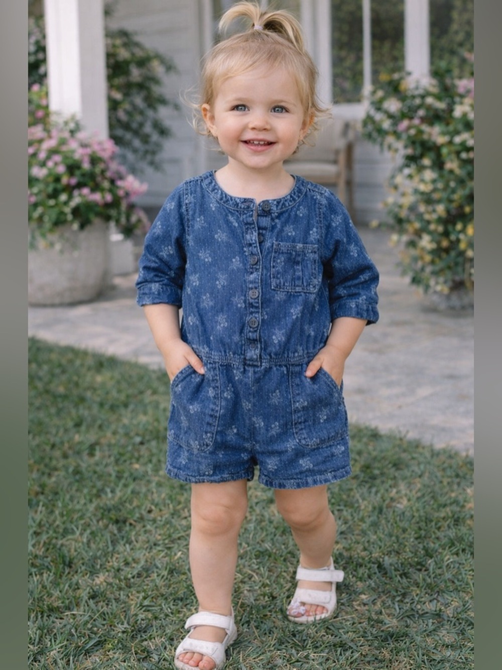 Baby Gap Floral Denim Romper 2T Blue Snap Crotch Pockets
